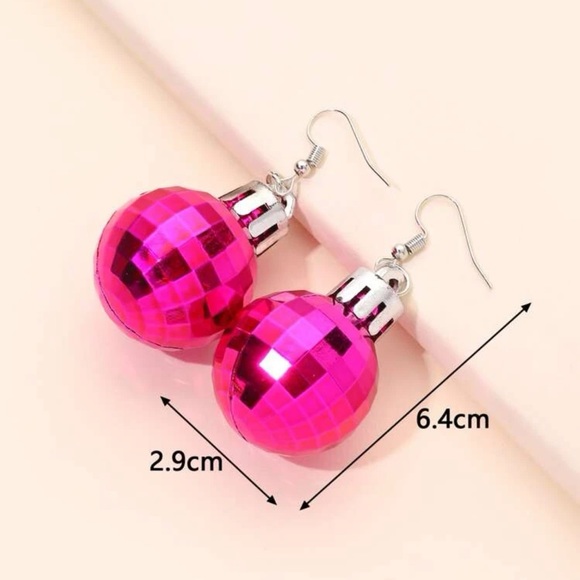 🪩 Fun Hot Pink Disco Ball Drop Earrings 🪩 - Picture 3 of 3